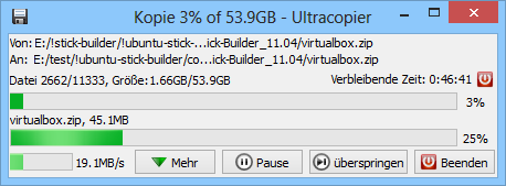 UltraCopier ersetzt den Windows-Dialog zum Kopieren oder Verschieben von Dateien. Umfangreiche Kopieraktionen lassen sich mit UltraCopier vorübergehend anhalten und später wieder fortsetzen.
