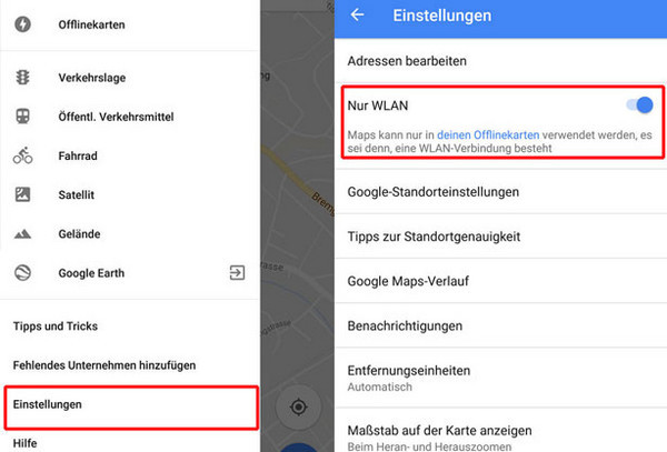 WLAN-Modus bei Google Maps für Android aktivieren