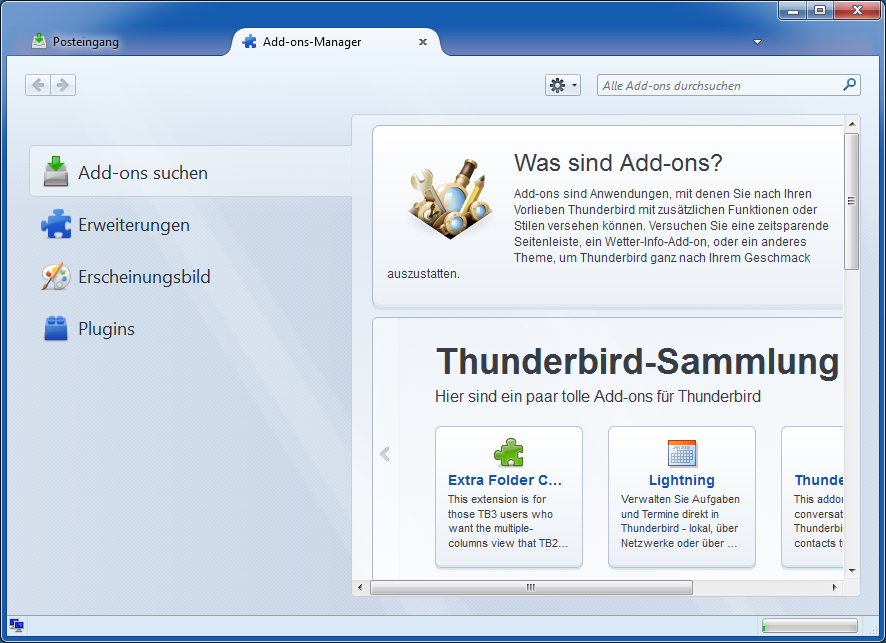 Wie Firefox verfügt Thunderbird über einen Add-on-Manager zum Suchen und Installieren von Erweiterungen
