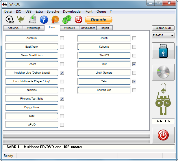 Sardu installiert bis zu 50 Live-Systeme auf einem USB-Stick oder einer DVD. Die Bedienoberfläche von Sardu ist in die Bereiche „Antivirus“, „Werkzeuge“, „Linux“ und „Windows“ unterteilt.