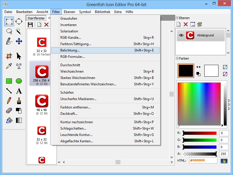 Der Greenfish Icon Editor Pro verfügt über die gängigen Zeichenwerkzeuge, unterstützt das Arbeiten mit mehreren Ebenen und bietet zudem zahlreiche Bildbearbeitungsfilter.