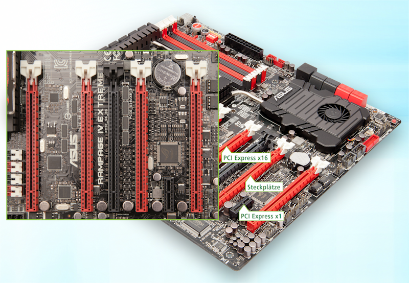 Steckplätze: Netzwerk- und Soundkarten sind oft im Mainboard integriert. Steckplätze brauchen Sie meist nur noch für schnelle Grafi kkarten. PCI Express x16 bedeutet, dass der Steckplatz 16 Leitungen zum Prozessor hat.