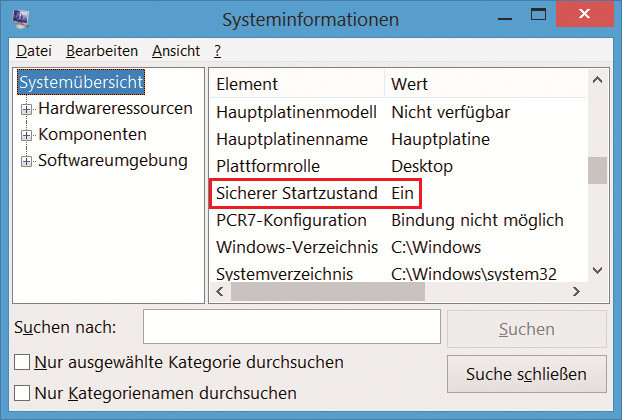 Aktiviertes Secure Boot: In den Systeminformationen zeigt Ihnen Windows 8 unter „Sicherer Startzustand“ an, ob die Sicherheitstechnik aktiviert ist