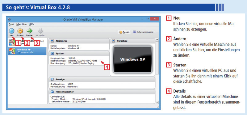 Virtual Box 4.2.8: Innerhalb der virtuellen Umgebung lassen sich Betriebssysteme installieren und diese PCs dann wie ein Programm unter Windows direkt vom NAS aus starten
