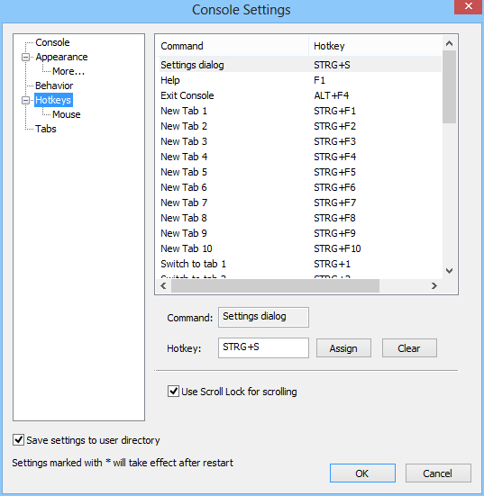 Mit „Edit, Settings …“ gelangen Sie zu den Einstellungen. Hier lassen sich für viele Console2-Funktionen auch Tastaturkürzel festlegen.