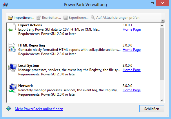Im Download von Power GUI ist bereits eine Reihe fertiger Skripts enthalten. Diese Skriptpakete erweitern die Powershell unter Power GUI um neue Funktionen.
