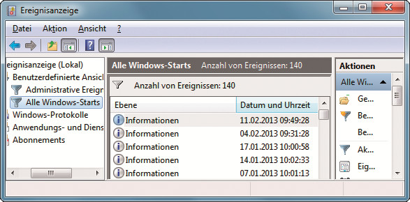 Windows-Starts ermitteln: Die Ereignisanzeige zeigt, wann der PC gestartet wurde