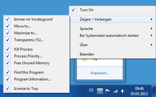 Windows Menu Plus ergänzt das Systemmenü eines Fensters um nützliche Zusatzfunktionen. Zu den üblichen Fensterfunktionen wie „Minimieren“ und „Verschieben“ fügt das Tool bis zu zehn neue Optionen wie „Immer im Vordergrund“, „Transparenz“ oder „Program Inf
