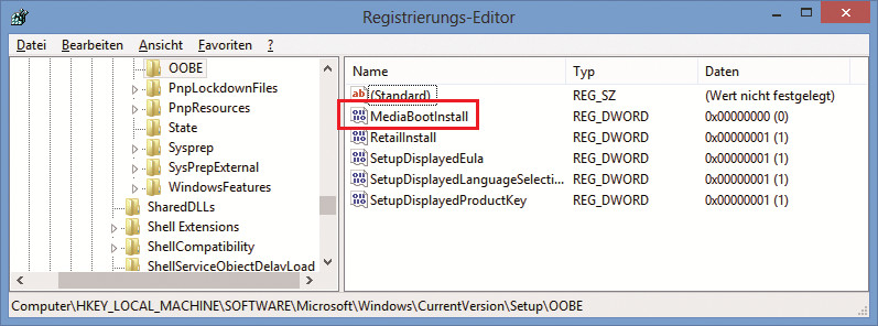 Aktivierung überlisten: Ändern Sie den Wert von „MediaBootInstall“ auf 0. Windows 8 geht dann davon aus, es sei auf einem Rechner mit einer älteren Windows-Version installiert