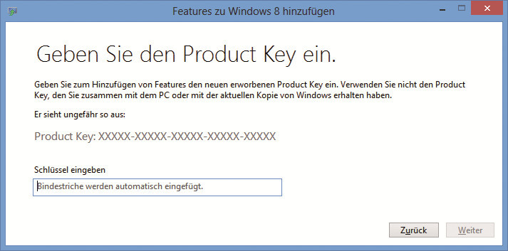 Media Center II: Geben Sie hier den Product-Key von Windows 8 Media Center ein. Nach dem Neustart ist das Media Center dann freigeschaltet