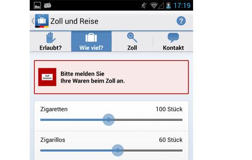 Eine Android- und iOS-App des Zolls hilft Urlaubern, schnell herauszufinden, welche Urlaubsmitbringsel bei der Einreise nach Deutschland erlaubt sind und welche Mengen man abgabenfrei einführen darf.