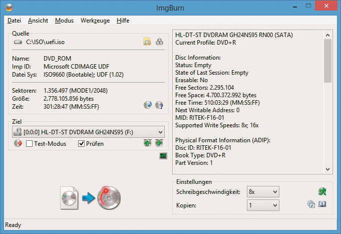 Imgburn: Ein Klick auf das „Schreiben“-Symbol brennt aus der Datei „uefi.iso“ eine Setup-DVD