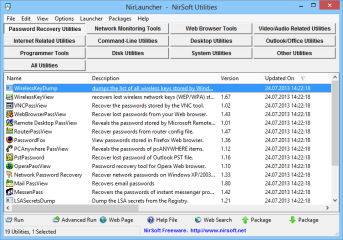 Nirlauncher umfasst mehr als 150 nützliche System-Tools sortiert in zwölf Kategorien wie „Password Recovery Utilities“ oder „Network Monitoring Tools“.