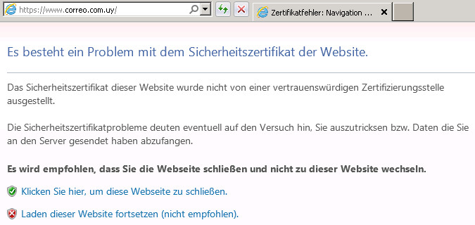 Unbekanntes Zertifikat: Wenn der Browser das SSL-Zertifikat einer Webseite als nicht vertrauenswürdig einstuft, dann erscheint eine Fehlermeldung — wie hier im Internet Explorer