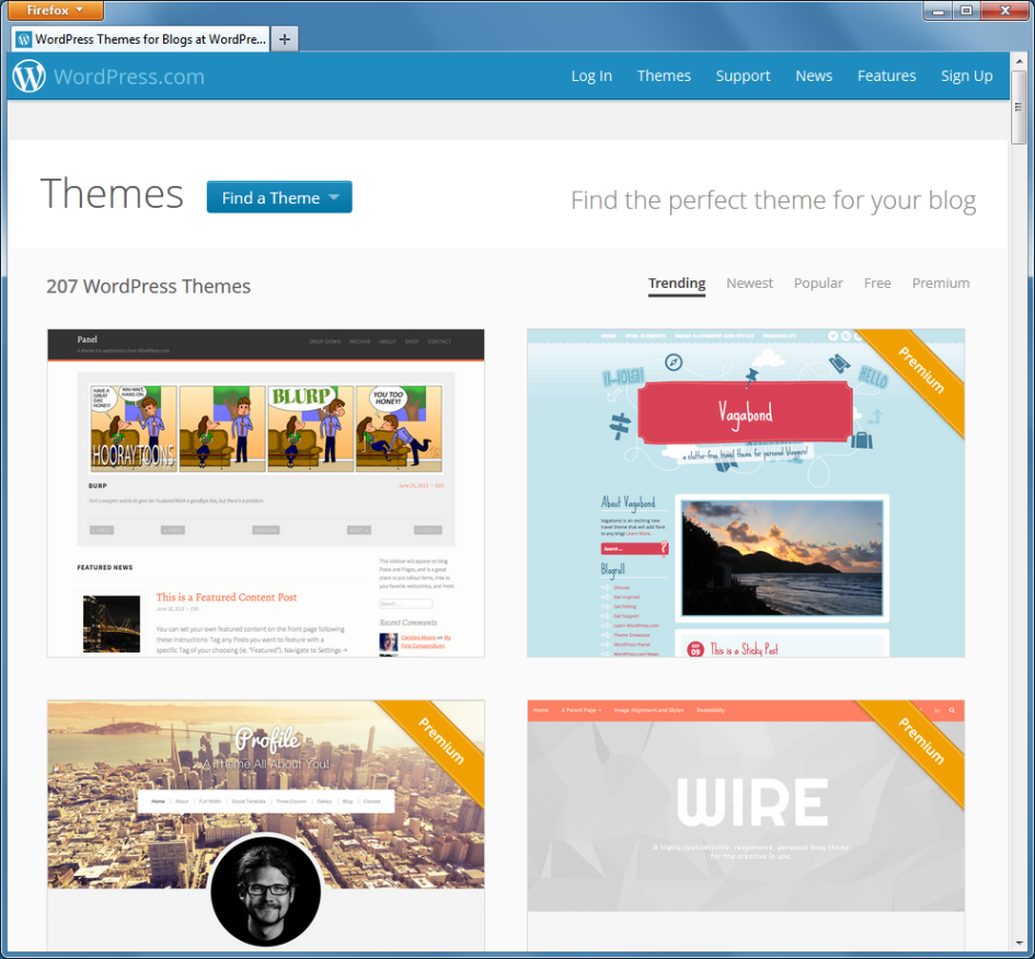 Auch auf WordPress.com stehen zahlreiche kostenlose Themes zur Auswahl