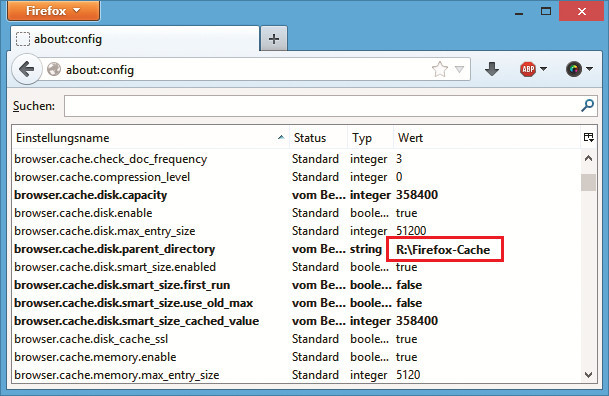 Firefox-Konfiguration: In „about:config“ legen Sie die RAM-Disk als Verzeichnis für den Browser-Cache fest