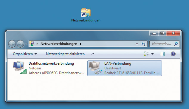 Eine Desktopverknüpfung gewährt Zugriff auf LAN-Schnittstelle und  WLAN-Verbindung