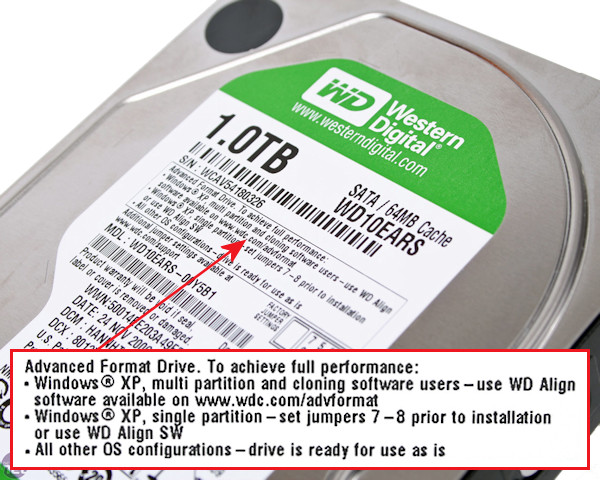 4k-Hinweis: Ob es sich bei einer Festplatte um eine Platte mit 4K-Sektoren handelt, erkennen Sie am Aufdruck „Advanced Format Drive“.