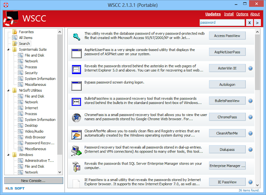 Das Windows System Control Center – kurz WSCC – ist eine Sammlung mit über 250 System-Tools. In der linken Spalte sind die Tools nach Herstellern in die Rubriken „Sysinternals Suite“, „NirSoft Utilities“ und „Windows“ sowie in zahlreiche Unterrubriken ein