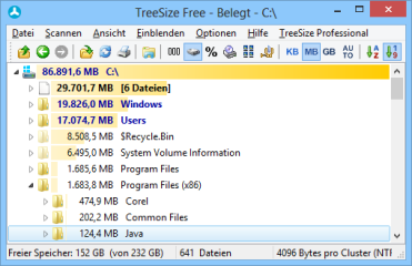Treesize Free liefert Informationen zur Belegung von Laufwerken und ermittelt, bei welchen Ordnern sich am schnellsten bislang belegter Speicherplatz freimachen lässt.