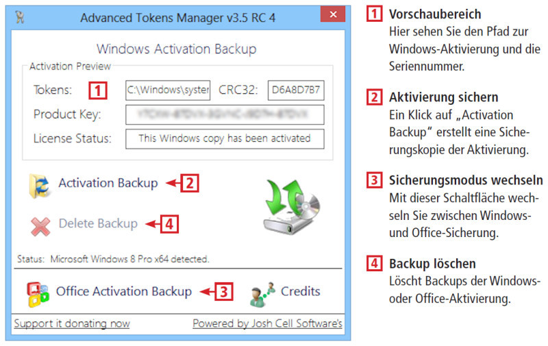 Advanced Tokens Manager sichert die Lizenzdaten von Windows und Office und stellt die Aktivierung nach einer Neuinstallation wieder her.