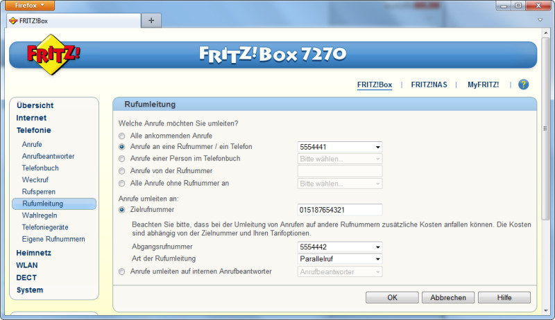 Den Parallelruf aktivieren Sie in der Fritzbox-Konfiguration unter „Telefonie“ als „Rufumleitung“.