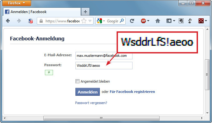 Das erweiterte Grundpasswort: Aus dem Passwort WsddrLfS! und den Vokalen im Domain-Namen Facebook ergibt sich das angepasste Passwort WsddrLfS!aeoo