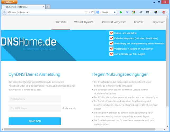 DNSHome.de ist ein kostenloser und werbefreier DynDNS-Dienst ohne Gewährleistung und Garantie. Der Benutzer erhält eine Subdmain unter dnshome.de und einen vollständigen A-Record im Nameserver.