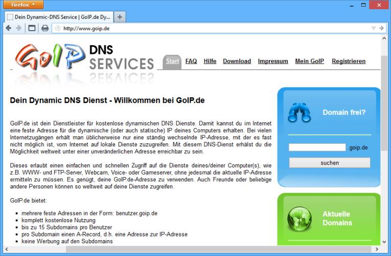 GoIP: Der deutschsprachige Dienst GoIP ermöglicht das Anlegen von bis zu 15 Subdomains pro Nutzer. Dafür steht Ihnen die Domain „.goip.de“ zur Verfügung.