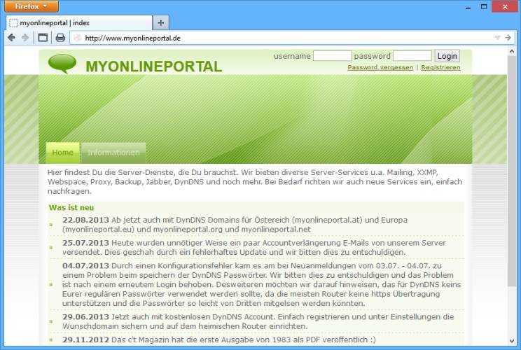 My Online Portal: Beim Dienst My Online Portal lässt sich eine Subdomain einrichten. Dafür stehen fünf Domainnamen zur Auswahl. Das kostenlose Konto muss einmal im Monat auf der Webseite verlängert werden.