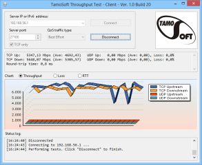 Der TamoSoft Throughput Test misst die tatsächliche Geschwindigkeit in Ihrem LAN oder WLAN. Dazu verwendet das Tool einen Test-Server und den hier gezeigten Test-Client.