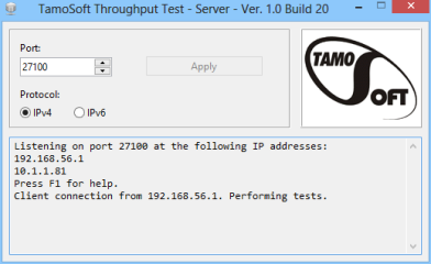 Installieren Sie den TamoSoft Throughput Test zunächst auf dem PC, der als Server dienen soll. Rufen Sie danach „Start, Alle Programme, TamoSoft Throughput Test, Run Server“ auf und notieren Sie sich die erste IP-Adresse im unteren Feld.