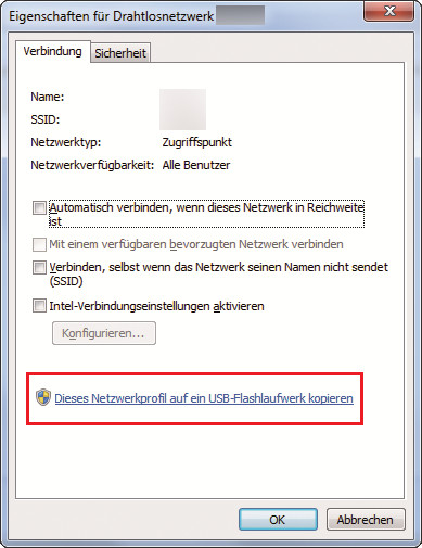 WLAN-Konfiguration exportieren: Die gesamte WLAN-Konfi guration lässt sich unter Windows 7 auf einem USB-Stick speichern und auf einem anderen Rechner laden