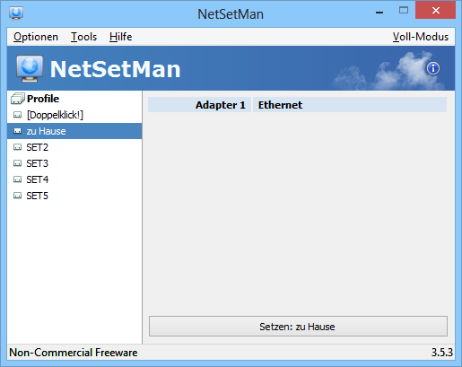Zwischen mehreren in NetSetMan gespeicherten Netzwerkprofilen schalten Sie entweder über diese Kompaktansicht um oder SIe nutzen das NetSetMan-Symbol im Systemtray von Windows.