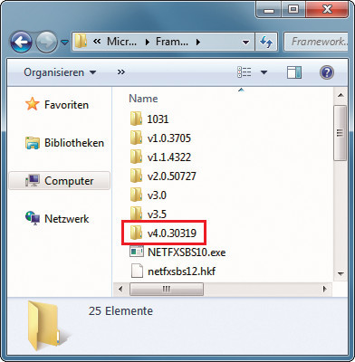 NET-Version: Befindet sich im Ordner „C:\Windows\Microsoft.NET\Framework“ ein Verzeichnis, das mit „v4.0“ beginnt, ist die richtige .NET-Version installiert