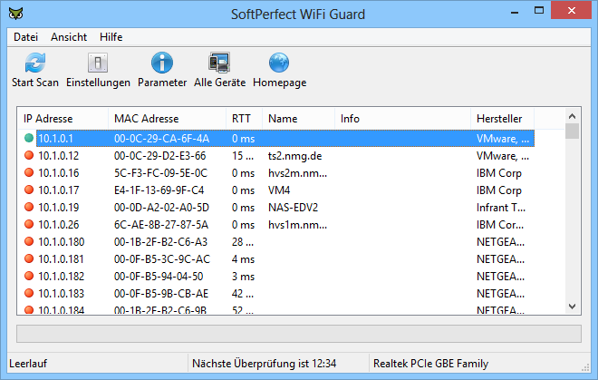 Nach dem ersten Start des Wifi Guard wählen Sie Ihre Netzwerkverbindung und klicken dann auf „Start Scan“. Wifi Guard durchsucht nun Ihr WLAN und listet alle dabei gefundenen Netzwerkgeräte auf.