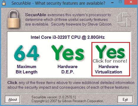 Securable: Die Software zeigt an, ob der echte PC Hardwarevirtualisierung unterstützt