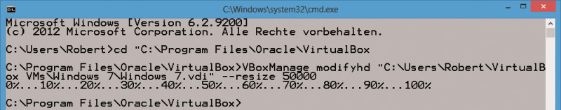 Vboxmanage: Das Programm hat die Festplatte „Windows 7.vdi“ nachträglich auf 50 GByte vergrößert