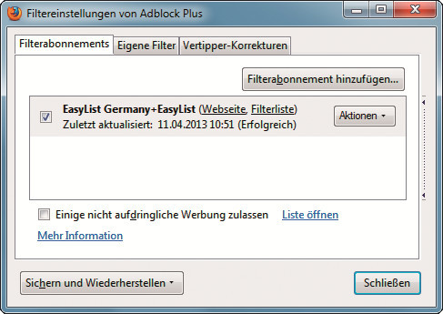 Adblock Plus: Am besten funktioniert der Werbeblocker, wenn ein Filterabonnement wie das der „EasyList Germany+EasyList“ aktiviert ist