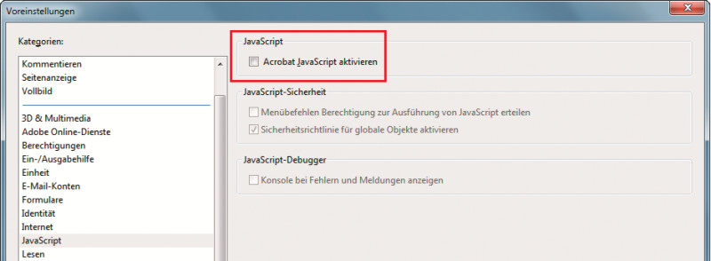PDF-Dateien: Trojaner können sich über die Javascript-Funktion des Adobe Readers auf einen PC einschleichen. In den Einstellungen lässt sich Javascript aber abschalten