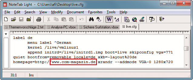 Startseite ändern: Ersetzen Sie www.com-magazin.de durch eine beliebige andere URL, die Sie als Startseite verwenden wollen.