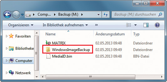 System-Images: Backups speichert Windows im Ordner „WindowsImageBackup“ auf dem von Ihnen angegebenen Laufwerk ab