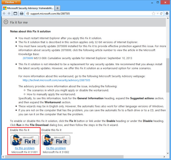 Notfall-Patch installieren: Klicken Sie dazu auf der Webseite unter „Enable this fix it, Microsoft Fix it 51001“ auf „Fix this problem“