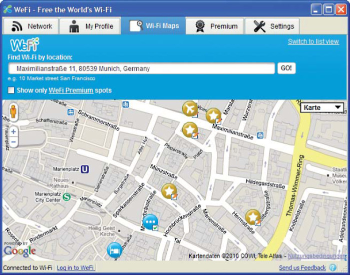 Wefi markiert auf einer Karte alle bekannten WLAN-Hotspots.