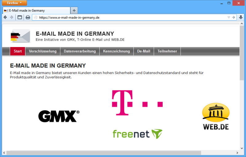 Teilnehmer der Initiative „E-Mail made in Germany": Die Webseite zeigt bereits Freenet als vierten Mail-Anbieter neben der Deutschen Telekom, GMX und Web.de