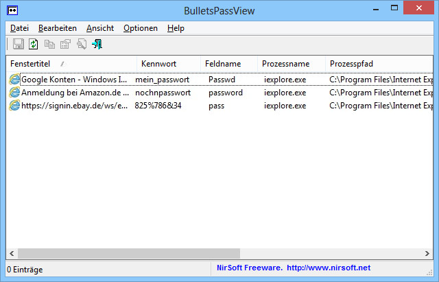 BulletsPassView zeigt von Windows maskierte Passwörter im Klartext.