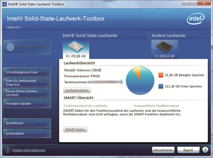 Intel SSD Toolbox: Die SSD Toolbox verwaltet die neueren SSD-Modelle von Intel. Wählen Sie „Firmware-Update“, um die Firmware der SSD zu aktualisieren