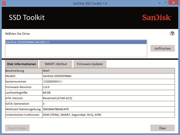 Sandisk: Einige SSDs von Sandisk lassen sich mit dem SSD Toolkit aktualisieren. Es spielt das Update im laufenden Betrieb ein