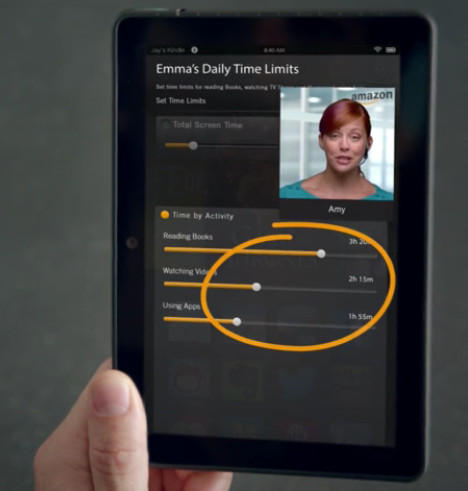 Notrufknopf am Kindle Fire HDX: Hierüber steht dem Kunden rund um die Uhr ein Amazon-Mitarbeiter per Video-Chat bei Fragen und Problemen zum Gerät zur Verfügung