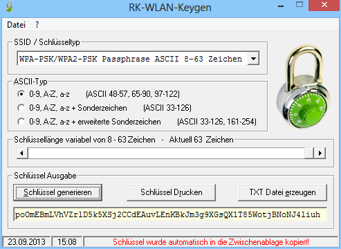 RK-WLAN-Keygen erzeugt sichere WLAN-Schlüssel mit bis zu 64 Buchstaben, Zahlen und Sonderzeichen.